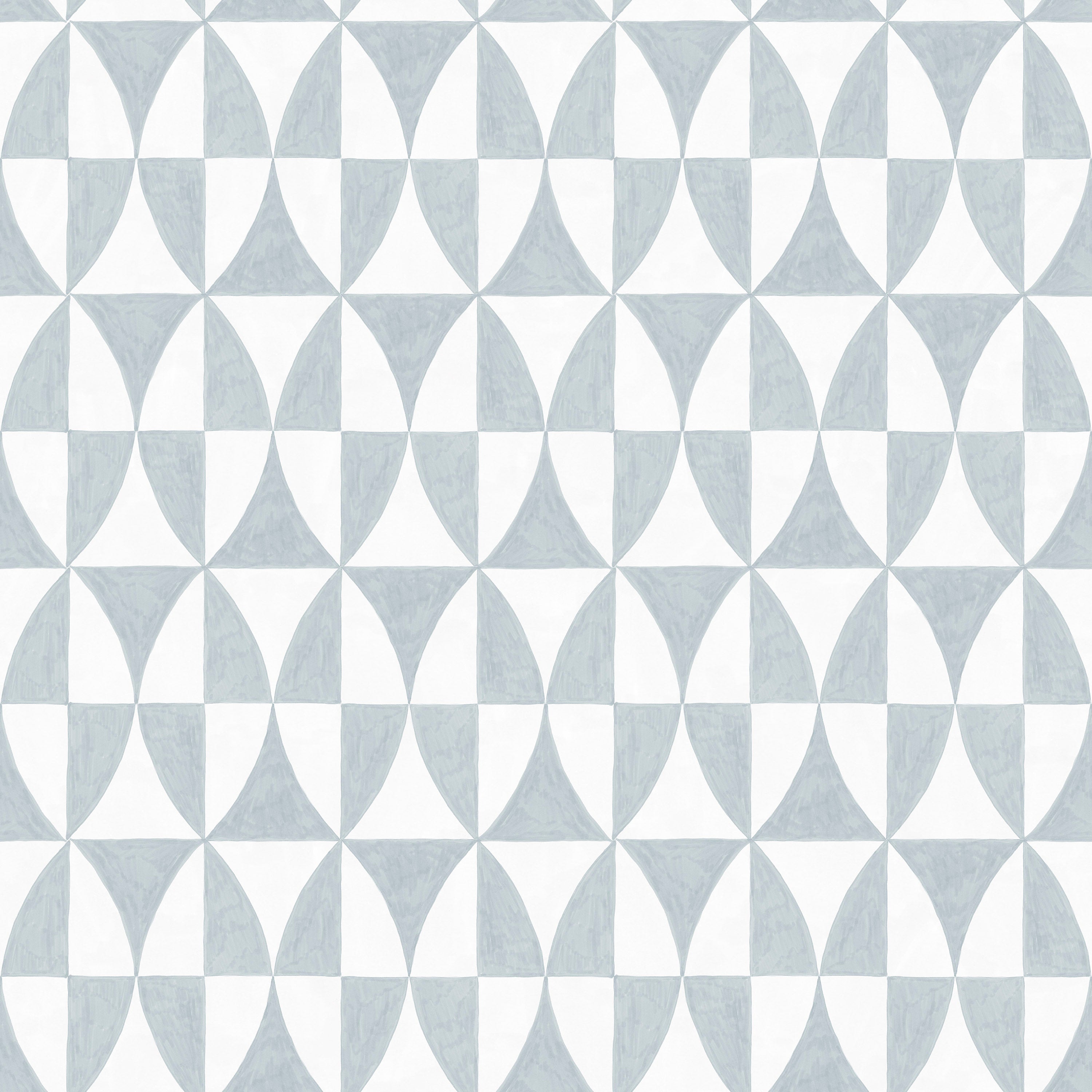 Detail of wallpaper in a curvilinear grid print in light blue on a white field.