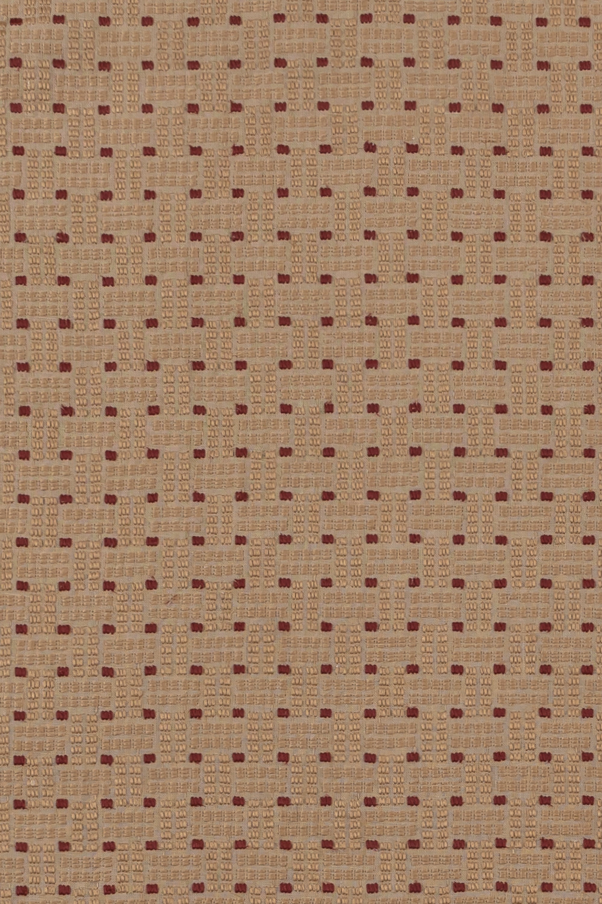 Embroidered fabric in a dashed basketweave design in tan with red accents.
