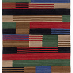 Handwoven runner in a stacked stripe pattern in blue, red, green , tan and black.