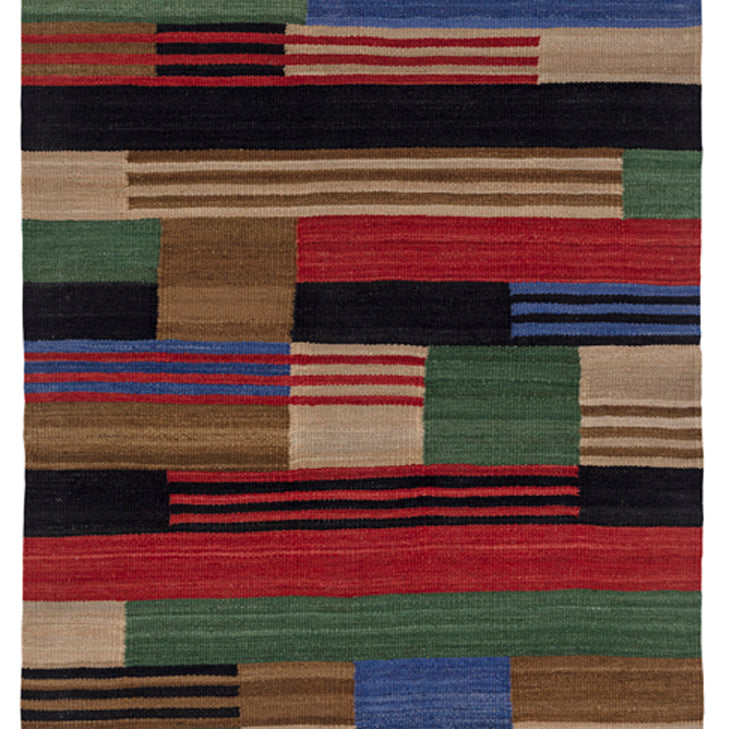 Handwoven runner in a stacked stripe pattern in blue, red, green , tan and black.