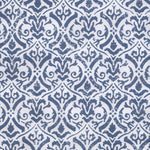 Detail of fabric in a botanical damask print in navy on a light blue field.