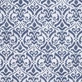 Detail of fabric in a botanical damask print in navy on a light blue field.