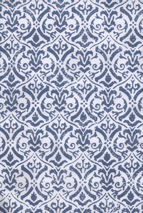 Detail of fabric in a botanical damask print in navy on a light blue field.