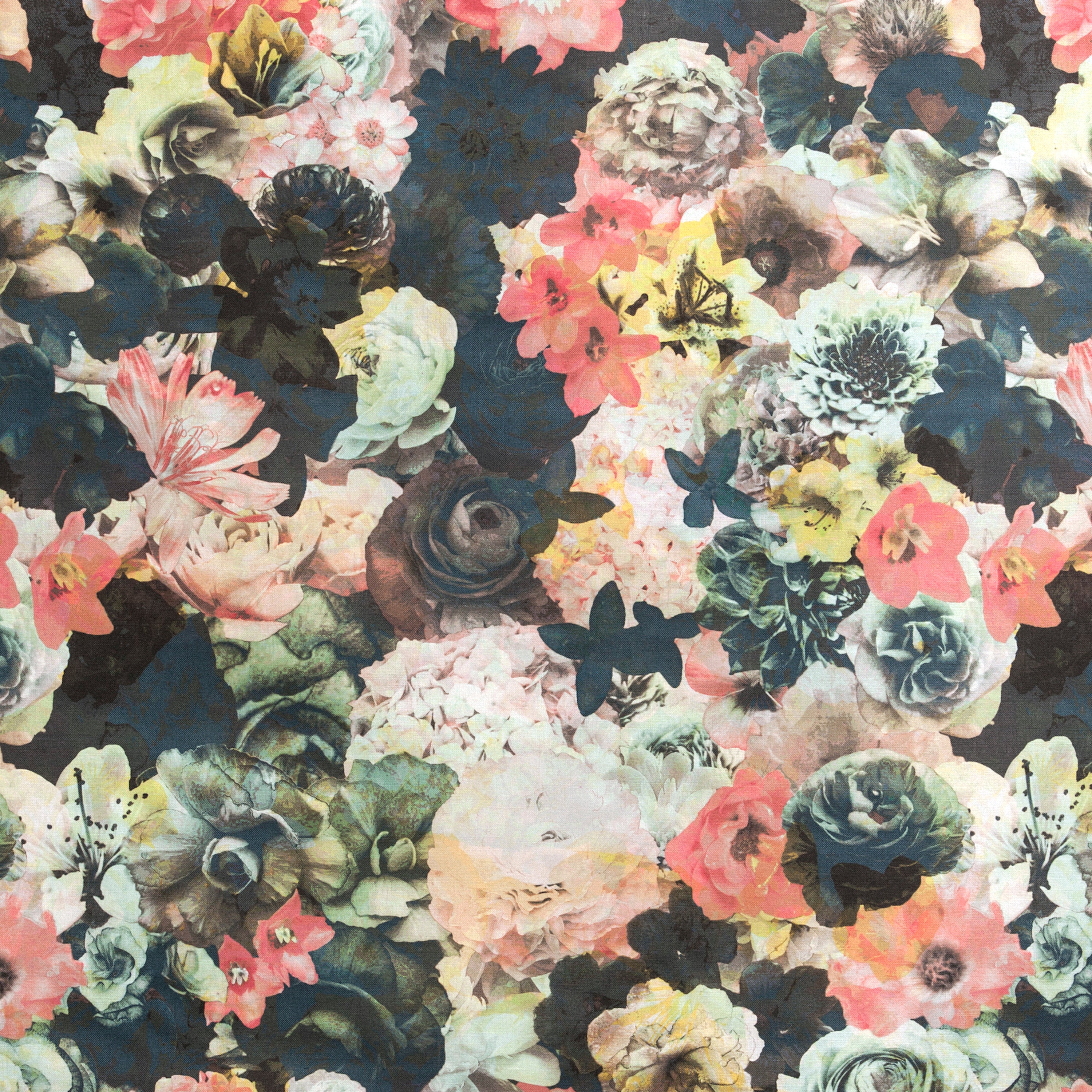 Detail of fabric in a dense photorealistic floral print in shades of pink, green and black.