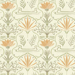 Detail of wallpaper in an intricate floral lattice print in shades of green and orange on a cream field.