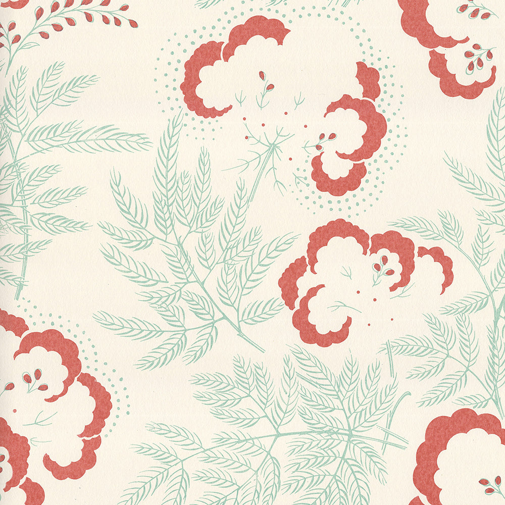 Detail of wallpaper in an intricate floral print in turquoise and red on a cream field.