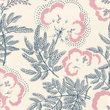Detail of wallpaper in an intricate floral print in pink and navy on a cream field.