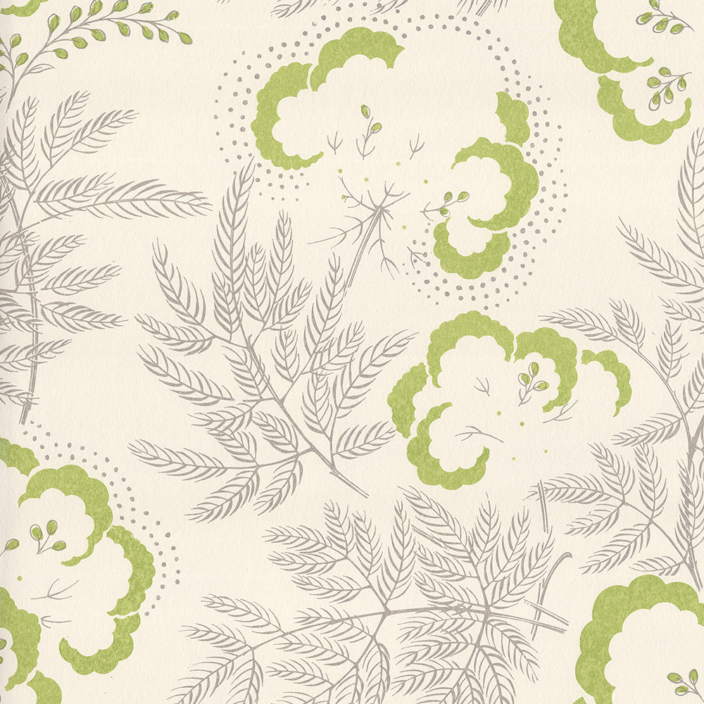 Detail of wallpaper in an intricate floral print in light green and gray on a cream field.