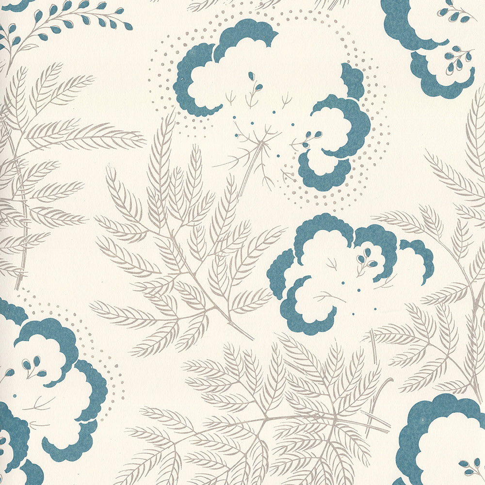 Detail of wallpaper in an intricate floral print in navy and tan on a cream field.