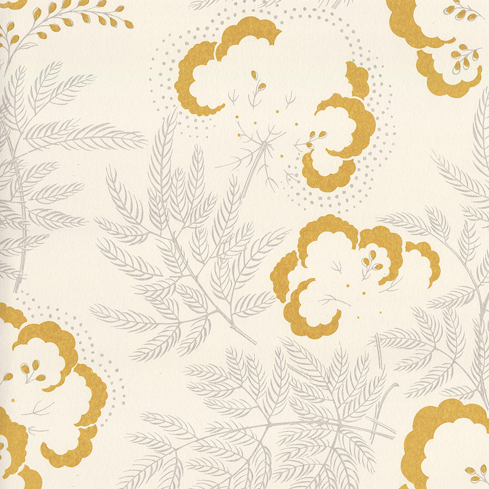 Detail of wallpaper in an intricate floral print in mustard and gray on a cream field.