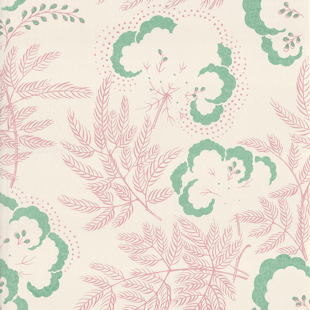 Detail of wallpaper in an intricate floral print in pink and green on a cream field.