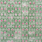 Wallpaper in a repeating damask print in pink and white on a green field.