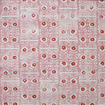 Wallpaper in a repeating damask print in red and white on a pink field.