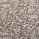 Wallpaper in a botanical paisley print in white on a brown field.