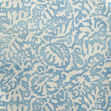 Wallpaper in a botanical paisley print in cream on a light blue field.