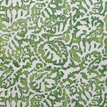 Wallpaper in a botanical paisley print in white on a mottled green field.