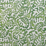 Wallpaper in a botanical paisley print in white on a mottled green field.