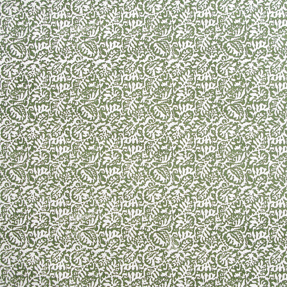 Detail of wallpaper in a dense paisley print in white on a sage field.