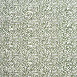 Detail of wallpaper in a dense paisley print in white on a sage field.