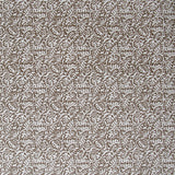 Detail of wallpaper in a dense paisley print in white on a brown field.