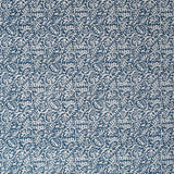 Detail of wallpaper in a dense paisley print in white on a navy field.