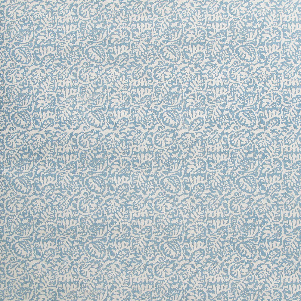 Detail of wallpaper in a dense paisley print in cream on a light blue field.
