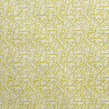 Detail of wallpaper in a dense paisley print in white on a mustard field.