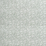 Detail of wallpaper in a dense paisley print in white on a gray-green field.