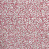 Detail of wallpaper in a dense paisley print in white on a dusty rose field.