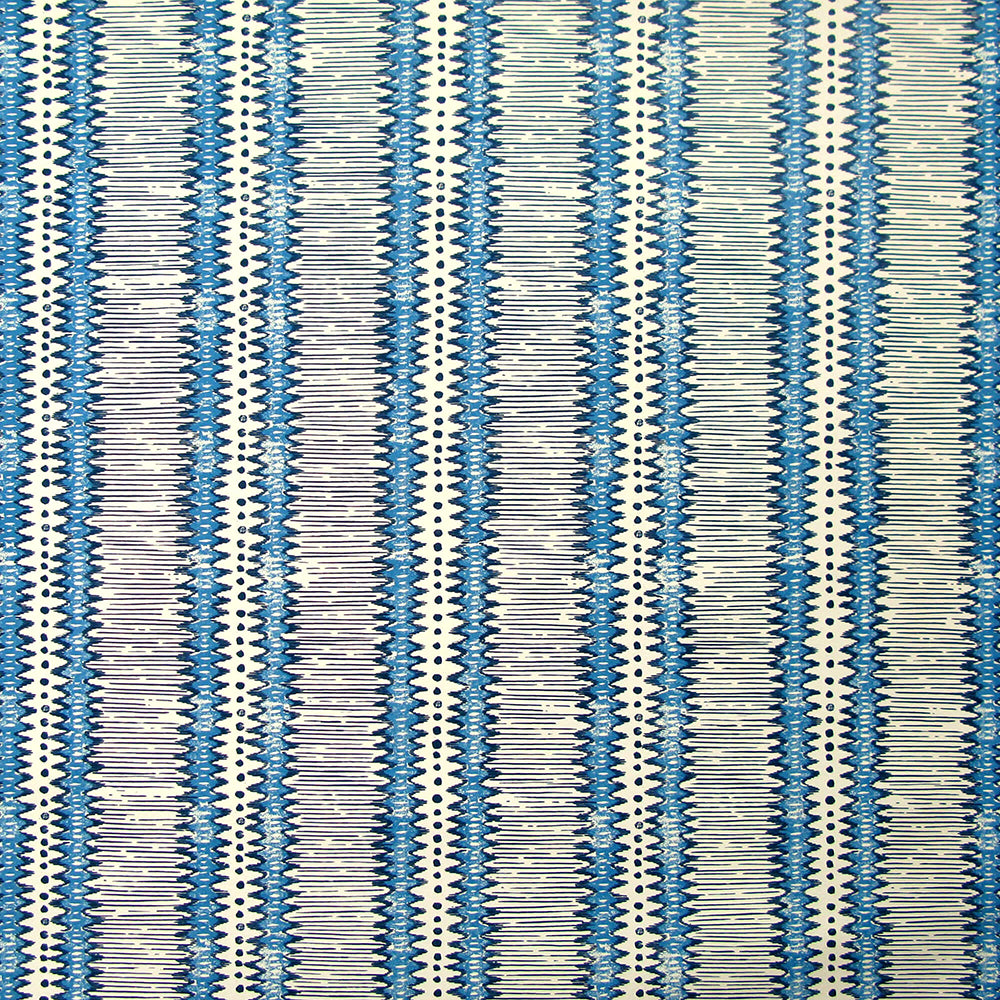 Detail of wallpaper in a dense tribal stripe pattern in shades of cream, blue and charcoal.