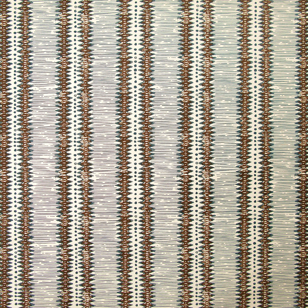 Detail of wallpaper in a dense tribal stripe pattern in shades of cream, gray and brown.