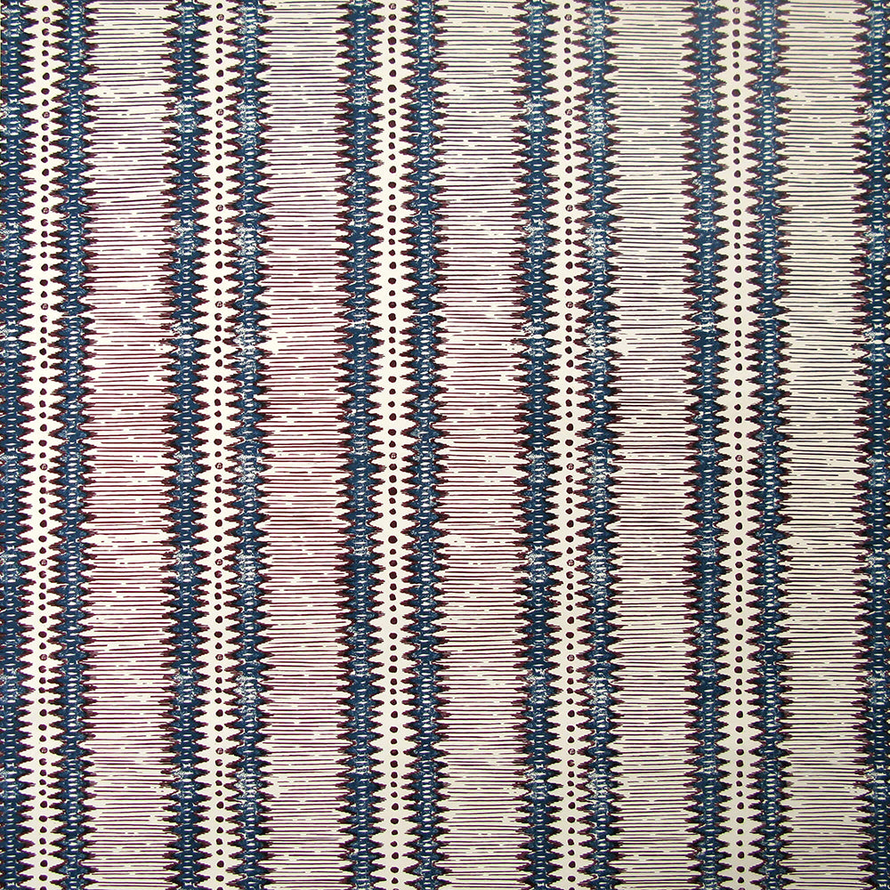 Detail of wallpaper in a dense tribal stripe pattern in shades of cream, navy and brown.