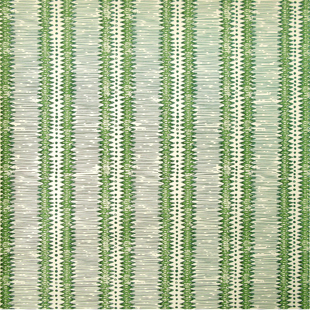 Detail of wallpaper in a dense tribal stripe pattern in shades of cream and green.