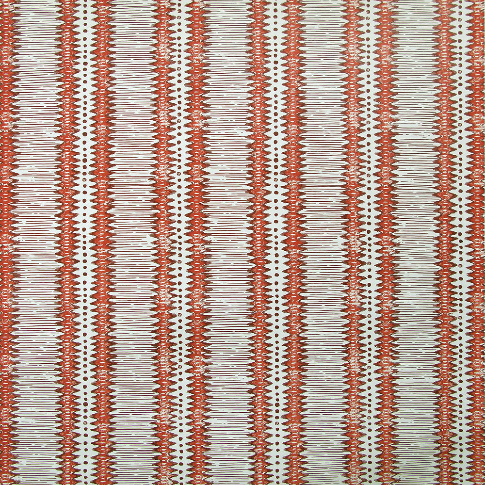 Detail of wallpaper in a dense tribal stripe pattern in shades of cream, red and brown.