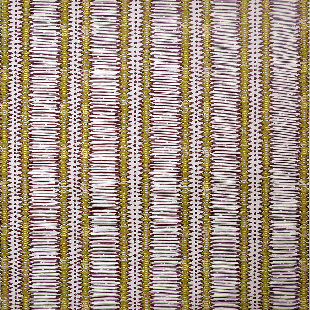 Detail of wallpaper in a dense tribal stripe pattern in shades of cream, mustard and brown.