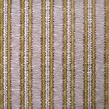 Detail of wallpaper in a dense tribal stripe pattern in shades of cream, mustard and brown.