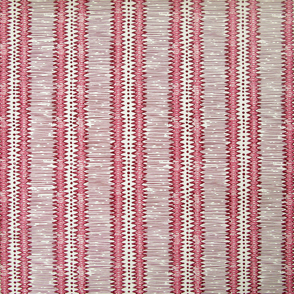 Detail of wallpaper in a dense tribal stripe pattern in shades of cream, red and pink.