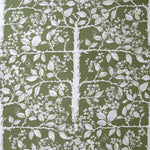 Detail of wallpaper in a large-scale tree and leaf print in white on a sage field.