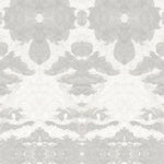 Detail of wallpaper in a painterly ikat print in shades of gray and cream.