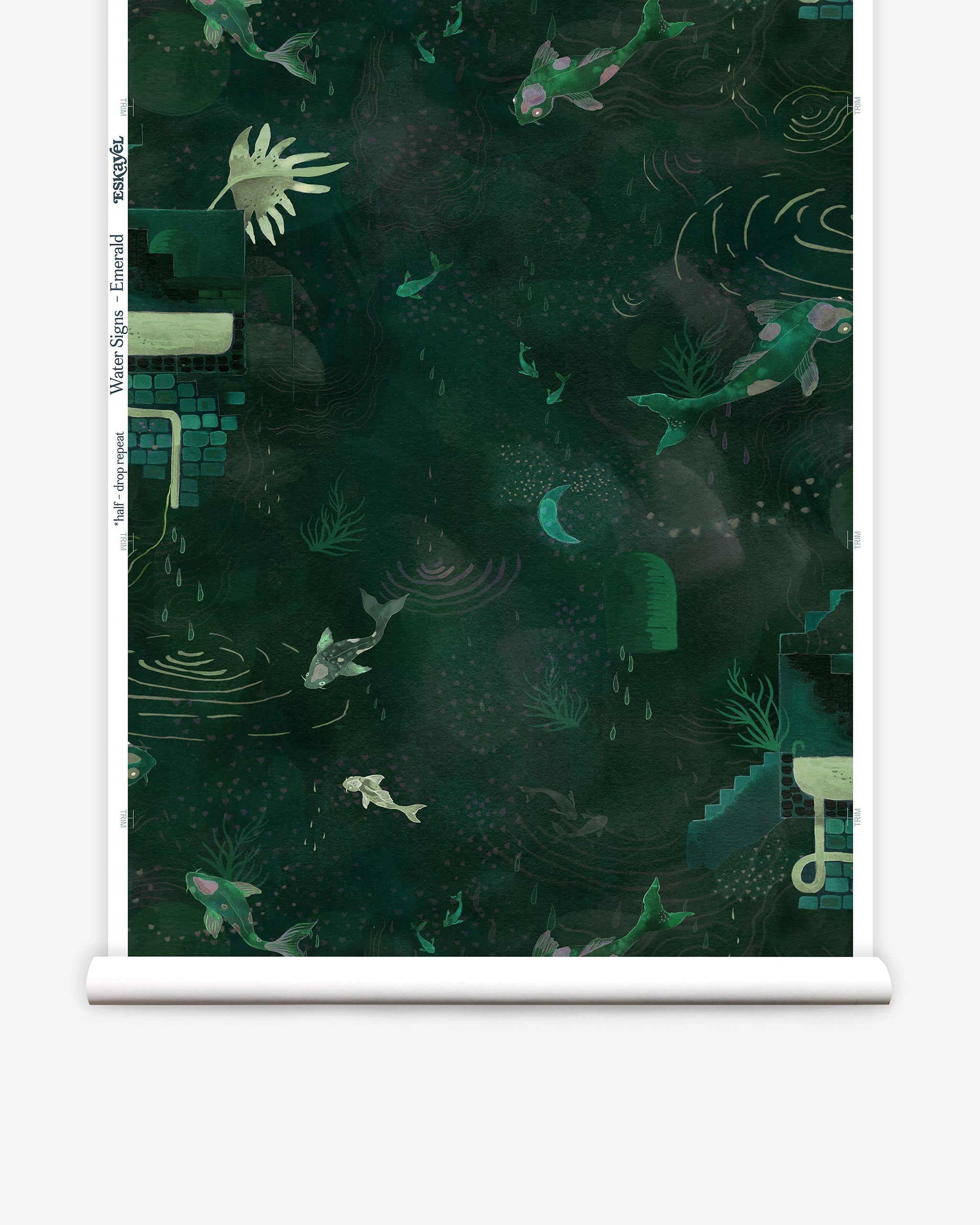 Partially unrolled wallpaper yardage in a playful koi pond print in shades of green and yellow on a black field.