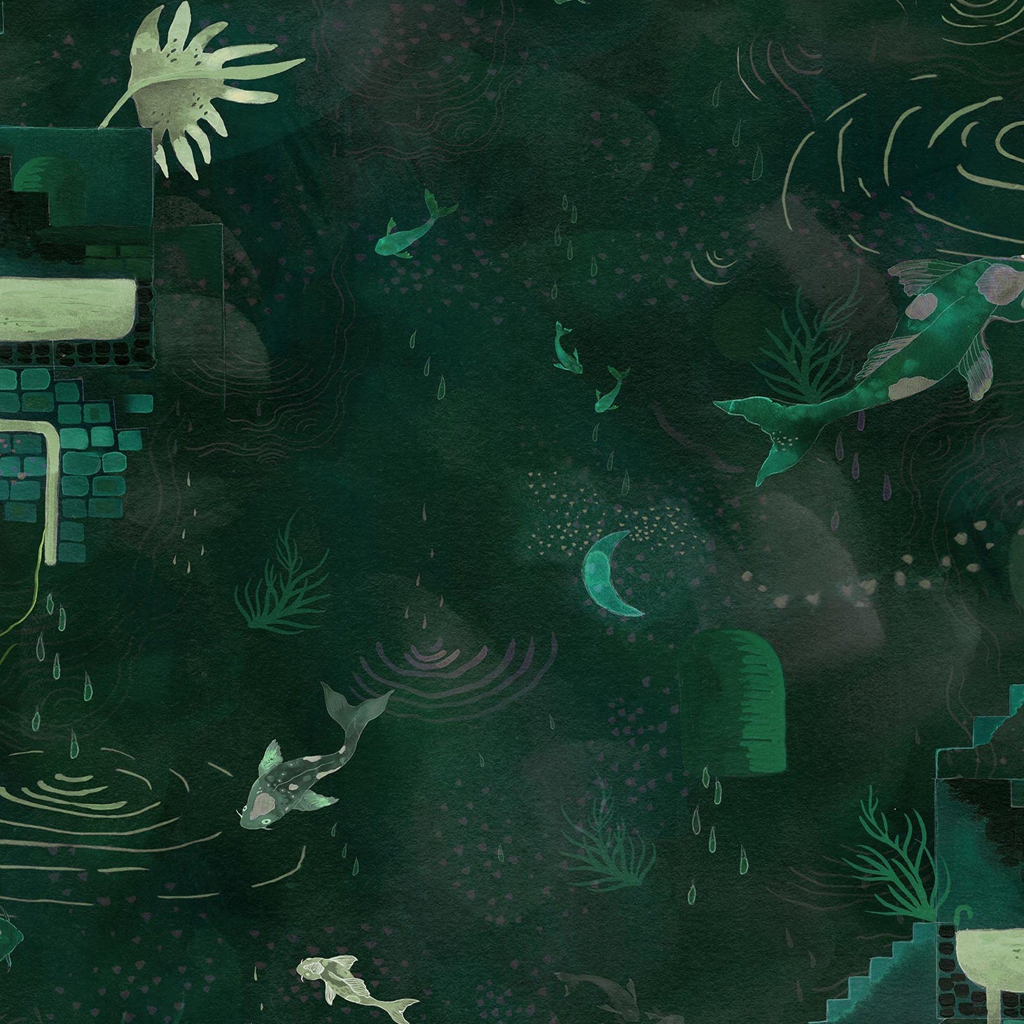 Detail of wallpaper in a playful koi pond print in shades of green and yellow on a black field.