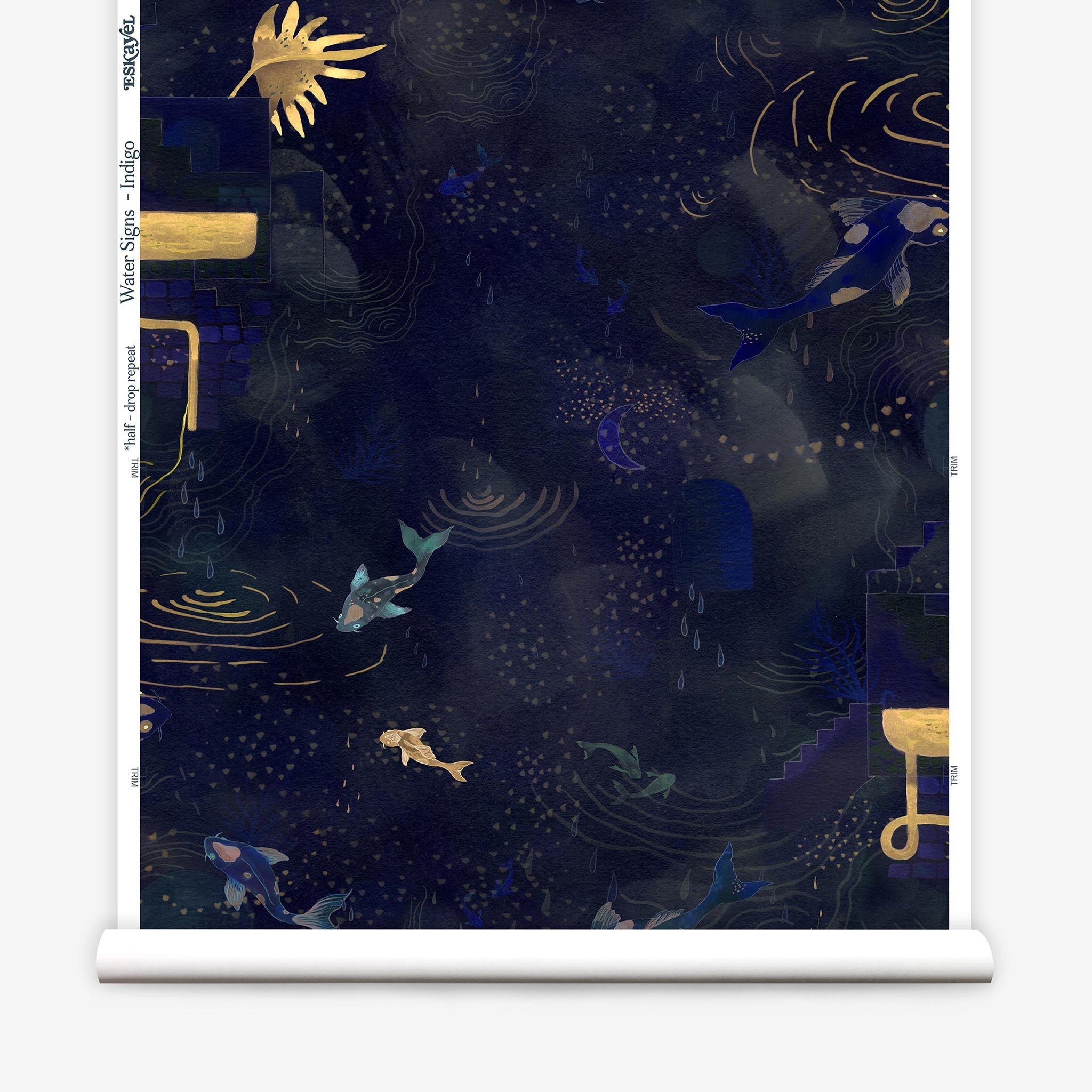 Partially unrolled wallpaper yardage in a playful koi pond print in shades of navy and gold on a black field.