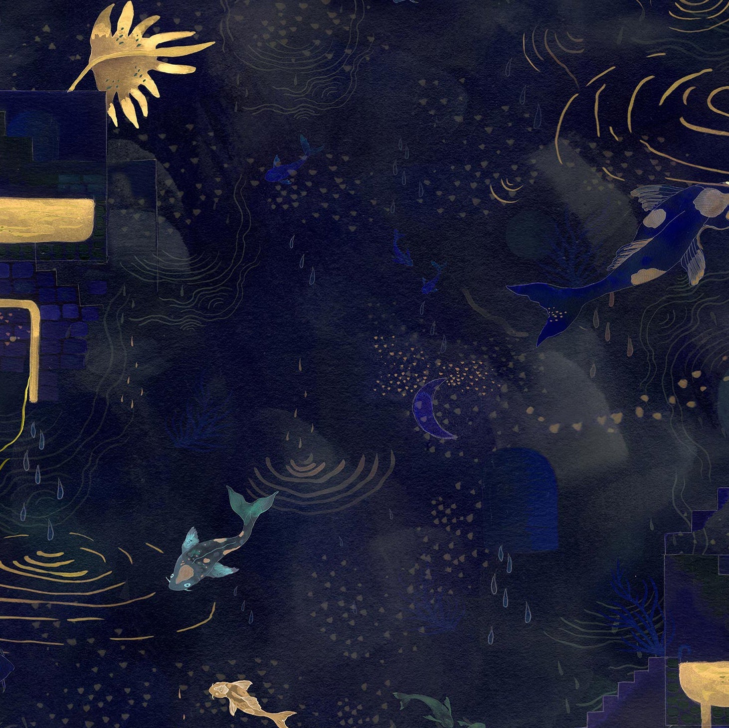 Detail of wallpaper in a playful koi pond print in shades of navy and gold on a black field.