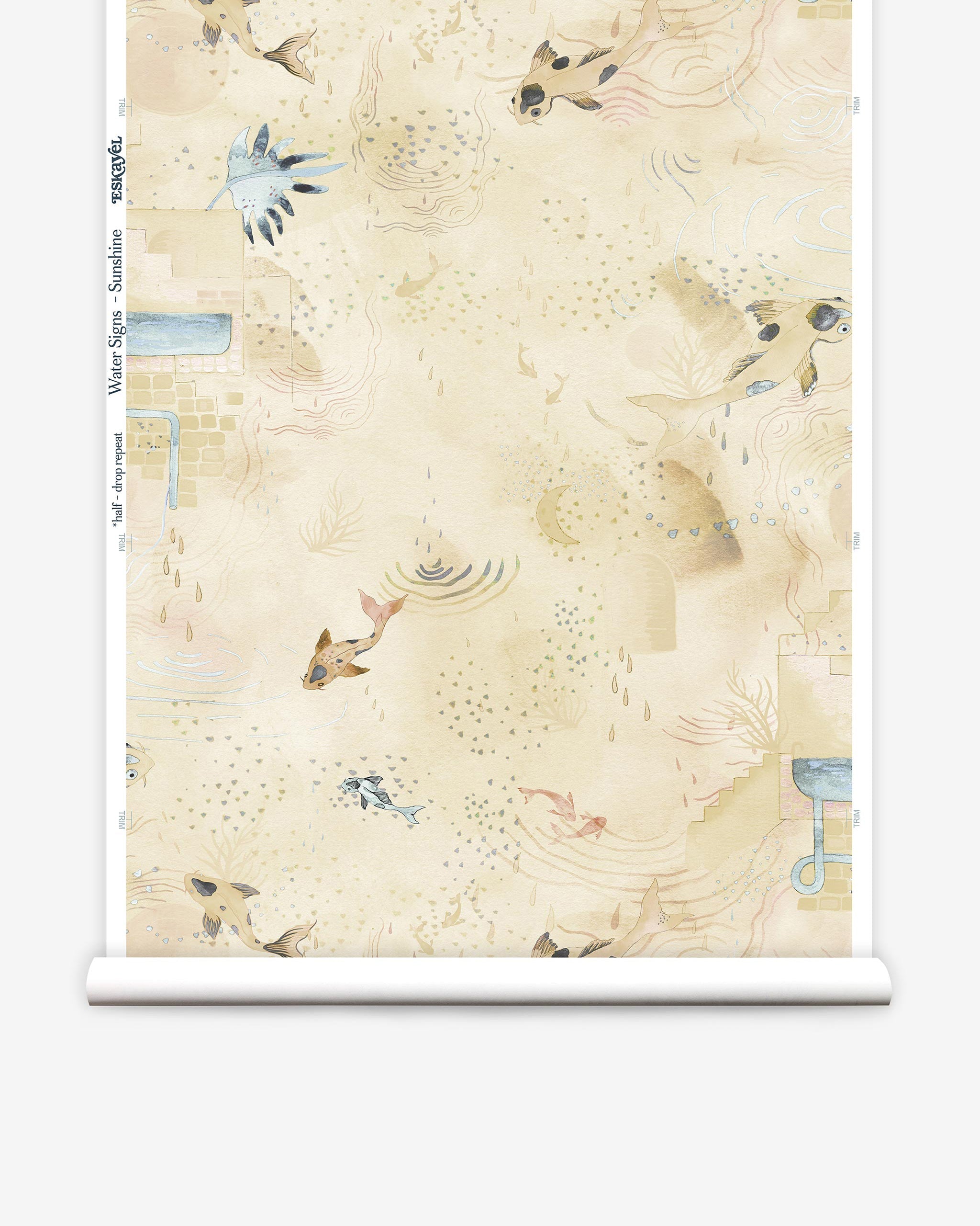 Partially unrolled wallpaper yardage in a playful koi pond print in shades of blue and tan on a yellow field.