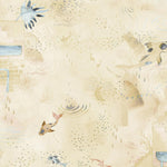 Detail of wallpaper in a playful koi pond print in shades of blue and tan on a yellow field.