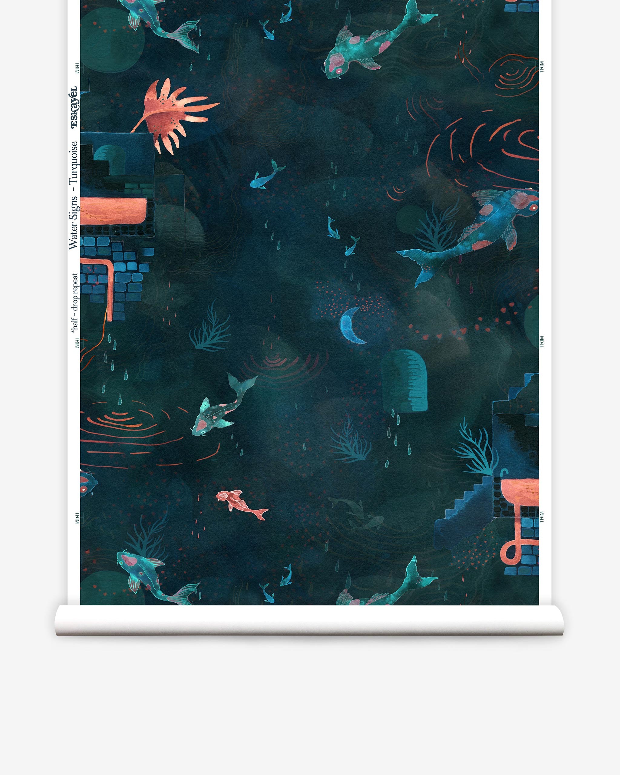 Partially unrolled wallpaper yardage in a playful koi pond print in shades of blue and coral on a navy field.