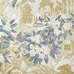 Detail of wallpaper in an intricate botanical, bridge and house print in mustard and navy on a cream field.