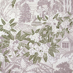 Detail of wallpaper in an intricate botanical, bridge and house print in light purple and sage on a cream field.