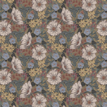 Scaled-out view of wallpaper in a large-scale floral print in white, blue, yellow and pink on a tan field.