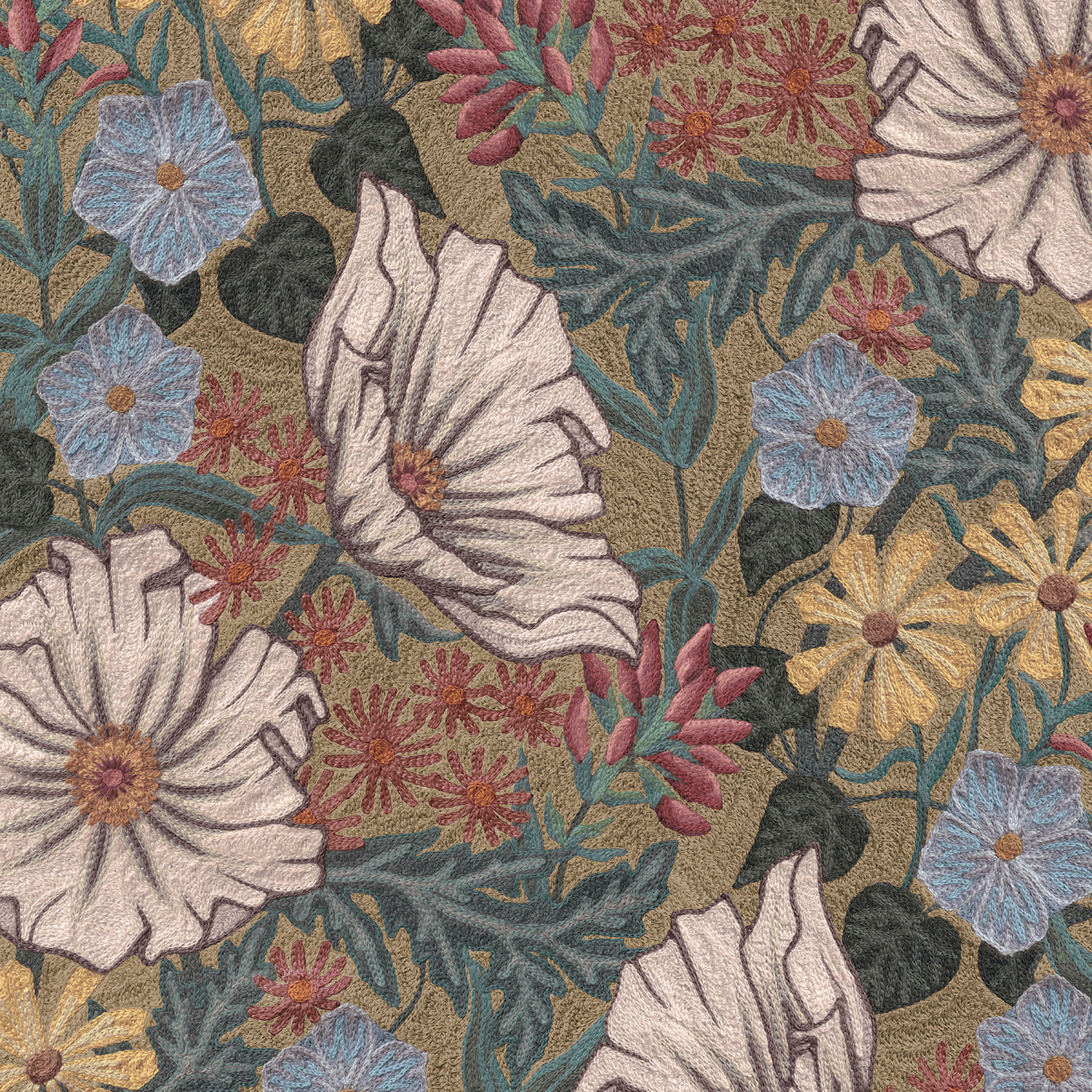 Detail of wallpaper in a large-scale floral print in white, blue, yellow and pink on a tan field.